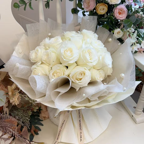 Vow in White-White Rose Bouquet