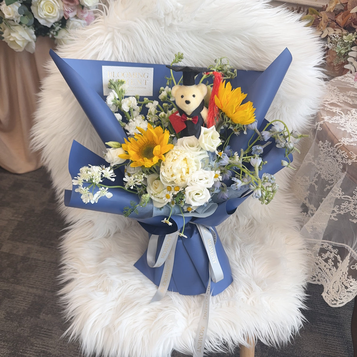 Graduation Bear Bouquet-Navy Blue