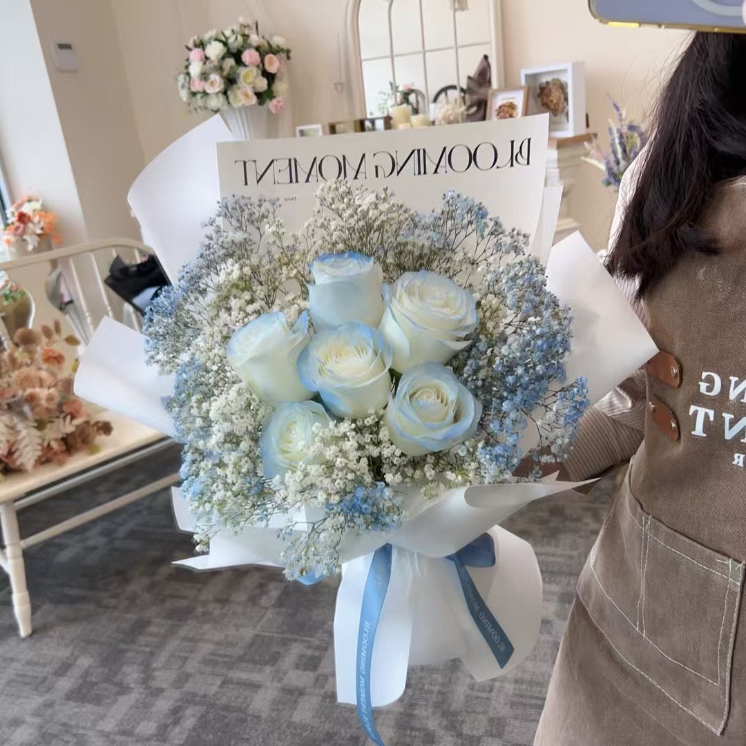 Blue Whisper-Blue Tinted Rose and Baby's Breath