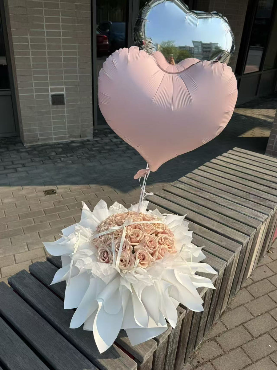Quick Sand Rose Bouquet with Heart Balloons