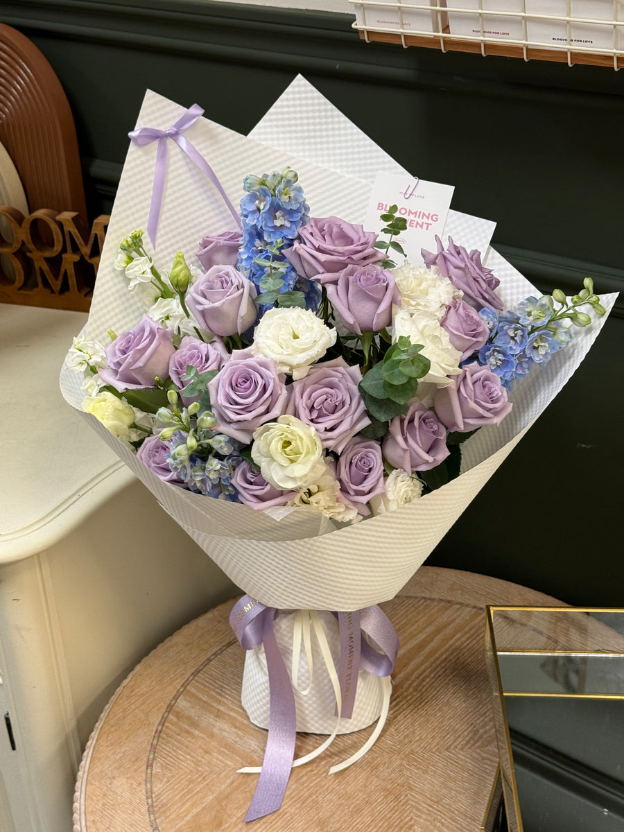 Lavender Roses & Blue Delphinium Bouquet