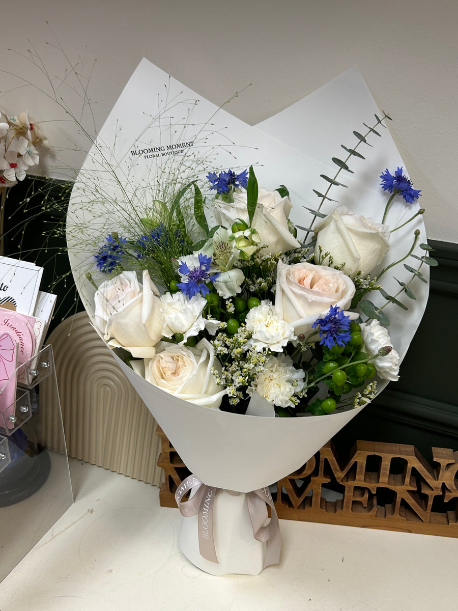 White Rose & Blue Cornflower Bouquet