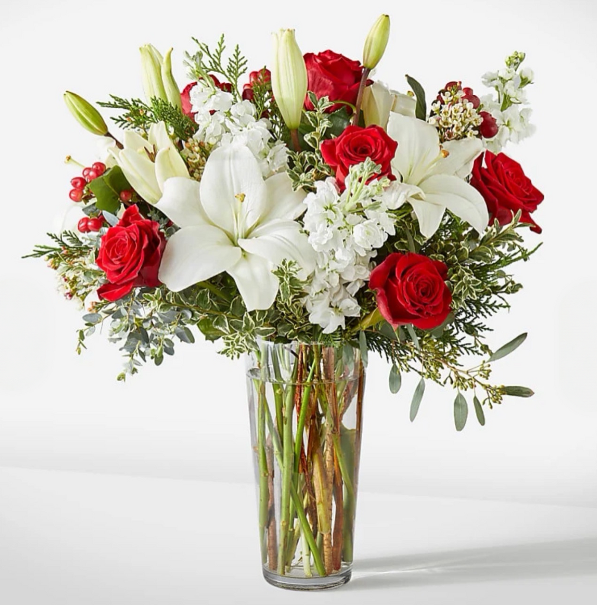 Christmas Red Rose & White Lily Arrangement